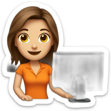 receptionist desk brown hair orange shirt sticker