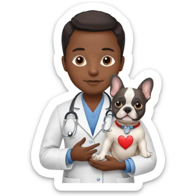 hombre médico que tenga un estetoscopio de color de tez negra que sostiene un bulldog francés blanco sticker
