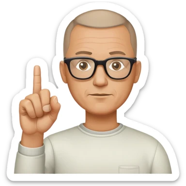 Middle aged man with buzz cut holding up middle finger also wearing glasses sticker