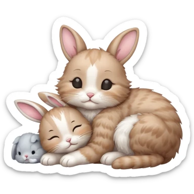 A little kitten sleeping next to a sweet rabbit  sticker