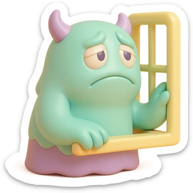 monster looking out a window, longing expression, soft pastel palette, toy-like vinyl figure style sticker