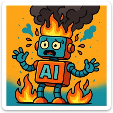 vibrant cartoon style robot labeled 'AI' overheating with flames and smoke coming out sticker