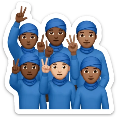Group of black men with guns, blue clothing, blue bandanas, throwing up hand signs sticker