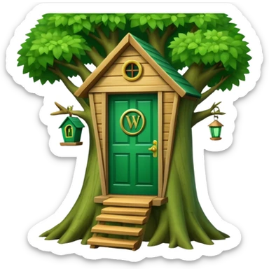 letter W on the side wall of a treehouse with an emerald green door, in a tree sticker