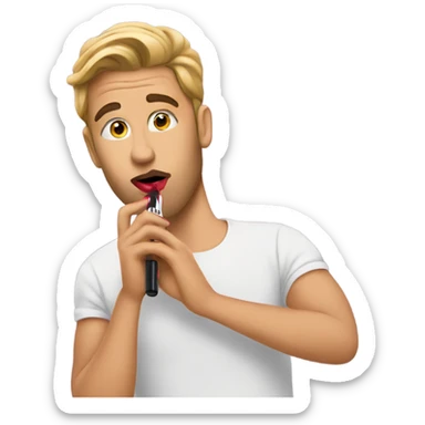 Justin putting lipstick on sticker