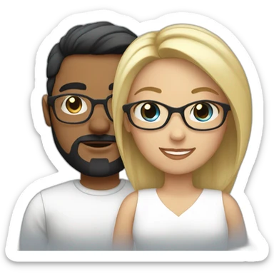 Couple in love. She has blue eyes, dark hair and wears glasses. He has short blond hair, three day beard and wears glasses sticker