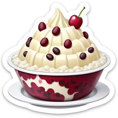 Korean Bingsu shaved ice dessert with red beans and fruit sticker