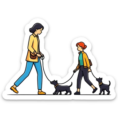 woman walking a man on leash who is on all fours sticker
