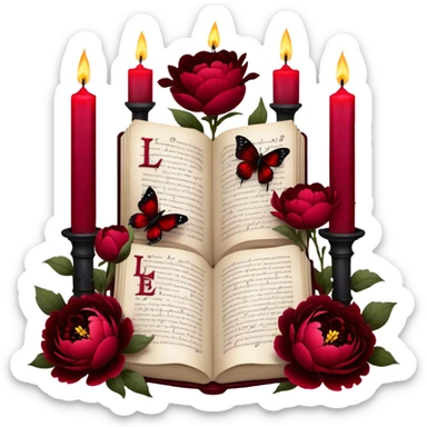 A dark, romantic composition featuring deep red peonies and pansies intertwined with blackened love letters, surrounded by glowing crimson candles. Butterflies in various shades of red flutter around Gothic crosses, creating an eerie yet passionate atmosphere. sticker