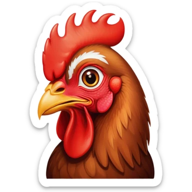 Cinematic Cute Brown Rooster Portrait Emoji, Head tilted playfully and inquisitively, featuring a glossy, immaculate brown plumage with a vibrant red comb, round, sparkling warm eyes filled with curiosity, Simplified yet irresistibly adorable features, highly detailed, glowing with a warm, friendly glow, high shine, affectionate and spirited, stylized with a touch of farmyard whimsy, bright and endearing, soft glowing outline, capturing the essence of a mischievous yet loving rooster, so playful it feels like it could strut out of the screen and into your arms! sticker