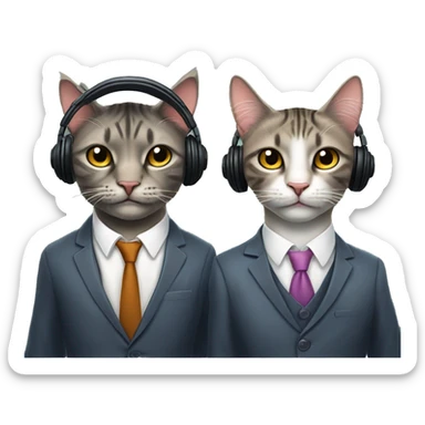 Two well-dressed cats in two different suits human bodies with cat faces, standing next to each other. african american looking. one cat with dreads. Wearing headphones for a podcast. Happy faces. 
 sticker
