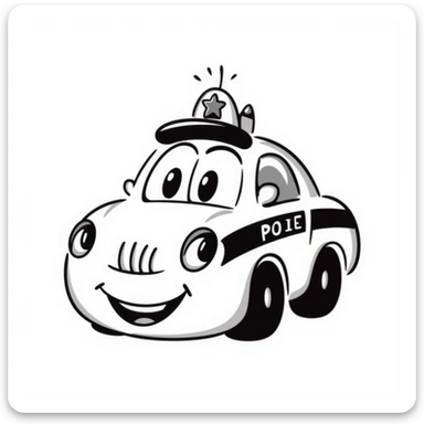 A hand-drawn police car with a determined, friendly face and a police hat sticker