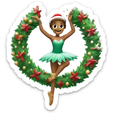 A cartoon Christmas wreath with long arms and legs is dancing ballet in the snow sticker