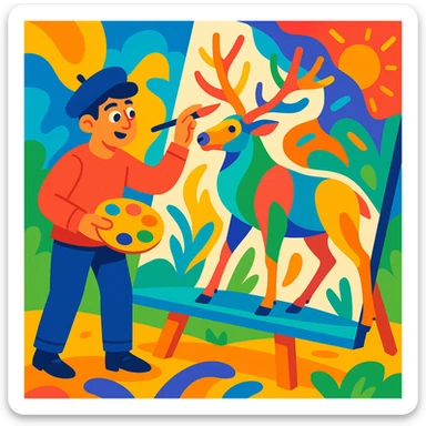 a man painting an elk, imaginative and colorful, vibrant colors, dynamic and lively sticker
