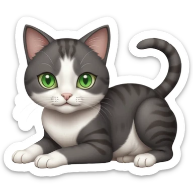 beautiful female solid dark grey cat with green eyes, white toes/paws and white patch on her chest rolling over sticker