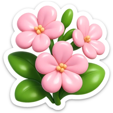 Create 3D iOS-style cartoon soapwort (Saponaria) flowers with extra volumetric and rounded shapes, exaggerated cute pale pink petals, big green leaves, playful proportions, soft lighting, and a glossy effect. No background, no face or smile. Render in GPT Image style to capture the intended look. sticker