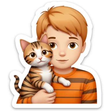 A young boy holding a cute tabby cat with orange and brown stripes sticker