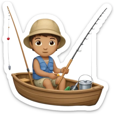 A single Little boy on a little boat fishing, felt texture, scrapbooking, precious moments style character sticker