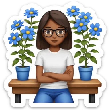 Créame una chica morena de pelo más o menos por los hombros con granitos en la cara y unas gafas negras, que esté sentado en una silla de bar con una camisa blanca con florecitas azules sticker