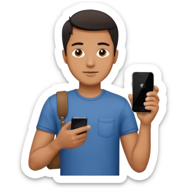 man casual clothes holding one phone sticker