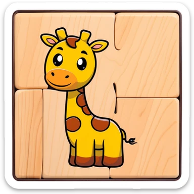 A cartoon wooden puzzle giraffe toy with a sweet face and visible puzzle pieces sticker
