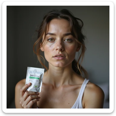 realistic woman with PCOS holding a package of inositol, face with acne marks and facial hair, thin hair, serene expression, domestic or clinical environment, hyperrealistic photography, natural light sticker