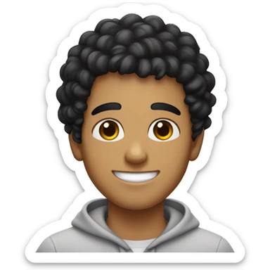 young hispanic guy with very curly black  hair and no beard or mustache, and with sweet smile sticker