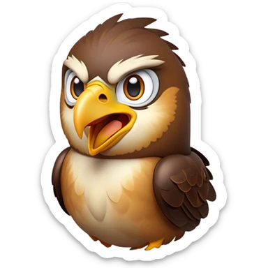 Cinematic Comical Hawk Portrait Emoji, Head tilted dramatically with an exaggeratedly shocked expression, featuring a sharply defined beak and wide, comically expressive eyes full of playful disbelief, Simplified yet hilariously expressive features, highly detailed, glowing with a slightly sassy glow, high shine, dramatic yet playful, stylized with an air of cheeky aerial mischief, soft glowing outline, capturing the essence of a meme-worthy hawk that looks ready to side-eye its way into viral fame! sticker