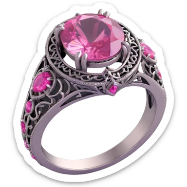 3D gothic ring with pink gemstone, intricate details, elegant and dark sticker