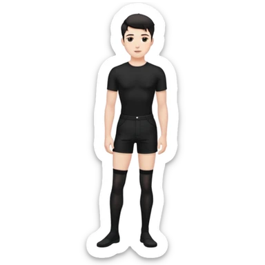 Male in his 20s, clean shaven, feminine look, wearing black thigh highs, black crops, black feminine shorts, is a femboy.   sticker
