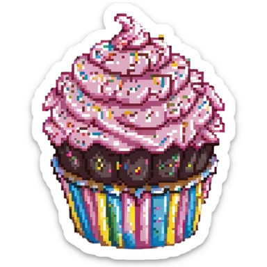 giant cupcake with pink icing and colorful sprinkles in pixel art style sticker