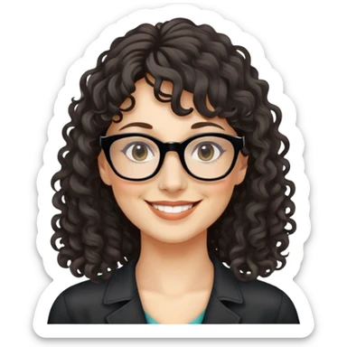 nữ 35 tuổi, da trắng, tóc dài xoăn, tóc mái 1/3, đeo kính đen, cười tươi, có chút nếp nhăn sticker