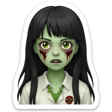 Make a girl with bangs with very dark black and long hair, light brown eyes and white clothes in the form of a zombie with green and scary skin sticker
