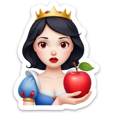 Cinematic Funny Snow White Portrait Emoji, Holding an apple with a suspicious expression, one eyebrow raised, lips pursed as if questioning her life choices, a hilariously relatable fairy tale moment! sticker