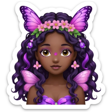 Black girl fairy with long wavy black hair, pink and purple red butterfly wings sparkly sticker