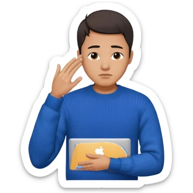 a asian handsome guy wearing a blue knit with white shirt, facepalming with only one hand, with a macbook, only upper body, high quality sticker
