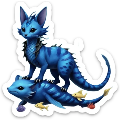 Epic complex abyssal fantasy swampy glorious detailed dark dusky gloomy deep gothic gloomy cobalt-blue-abyss-blue-black-greyish, realistic Fakémon-Sprigatito-Floragato-Meowscarada-Vaporeon-Salandit-Trico-Sergal-Serval-Vernid-creature (full body) with mermaid-ears, tail fin, shiny sparkly, iridescent sticker