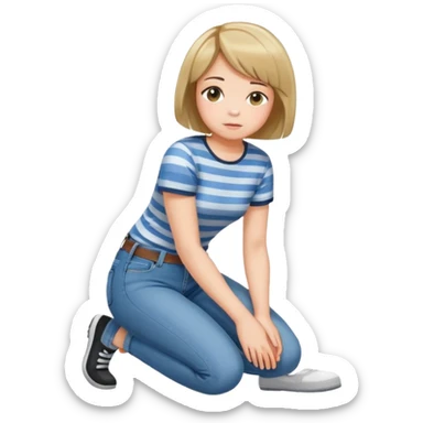 girl with short bob haircut in jeans and striped shirt kneeling on the ground seen from behind sticker