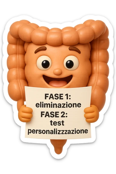 emoji stile iphone 3d di un intestino che tiene in mano un foglio con la scritta "FASE 1: eliminazione, FASE 2: test, FASE 3: personalizzazione, IPERREALISTICO 4K sticker