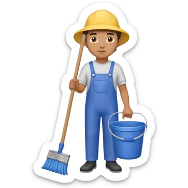 man in cleaning clothes, holding a broom and a bucket sticker