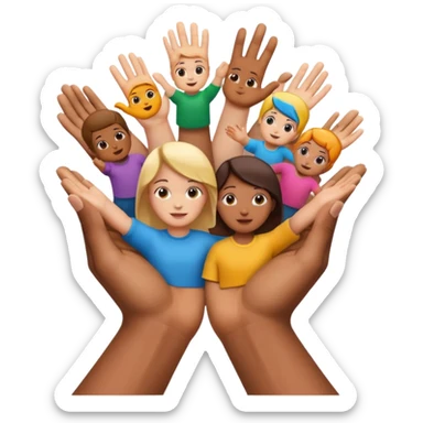 open hands holding multiple child icons sticker