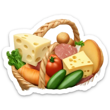 basket filled with cheese meat bread vegetables sticker