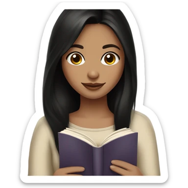 Brunette girl, black straight hair, cozy with tea and book sticker