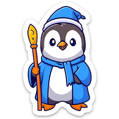 cartoon penguin wizard with a blue robe and sparkly hat, holding a glowing staff sticker