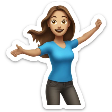 excited woman with long brown hair with arms raised above head blue eyes sticker