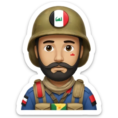 A very tired and sad, swarthy Iraqi soldier with a beard, an Iraqi flag on his helmet, a sad expression and bags under his eyes sticker