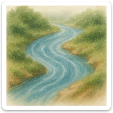 Show the flowing water as a painterly, textured river, evoking a sense of movement, with natural riverbanks, in a watercolor art style. sticker