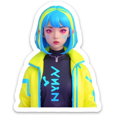 Cyberpunk Japanese girl with neon blue wig, holographic jacket, digital glitches effect, dark background with purple neon glow sticker