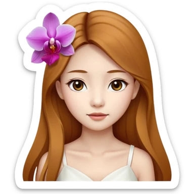 Asian girl with long golden brown hair white skin makeup natural with orchid in her left ear, her dress is white   sticker