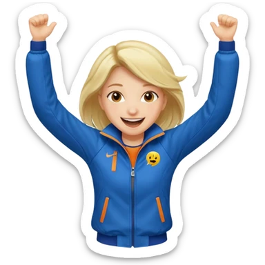 A girl in a sporty jacket, jumping slightly while cheering loudly. sticker